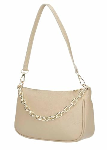 Made in Italy Damen Leder Tasche Pochette mit Kette Schultertasche Handtasche City Bag Umhängetasche Clutch Ledertasche Bodybag Schmucktasche Crossbody Cross-Over Helltaupe