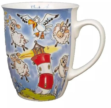 Generisch Witziger maritimer Keramik Becher - Voll im Wind - 325ml Ebbe Flut Kaffeebecher Leuchtturm Schafe Möwen Kühe Sturm