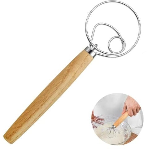 Danish Dough Whisk Bread Making Tools, Wooden Bread Whisk with Stainless Steel Dough Whisk Dutch Style Bread Dough Hand Mixer Danish Whisk Bread Making Accessories