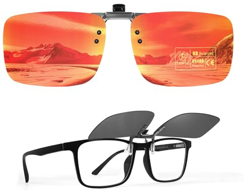 TEMSO Polarized Clip On Sunglasses Orange Mirror,Flip Up Over Glasses Mens Women,Fit for My Glasses On Holiday Beach,Filter UVA UVB,HD Vision,True Color