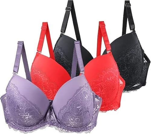 3er Pack BHS Damen mit Bügel Push Up Sexy BH Set Frauen Starker Halt Große Brüste Klassische Spitzen-BH Set Bequemer Unterwäsche Women Bra für Alltag