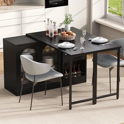 Kebnor Moderner Bartisch, Ausziehbar 360° Drehbare Bartisch Mit Stauraum, Reversibel Tisch Sideboard Bar Mit Glasschranktür, Bar Tisch Für Küche Kaffeebar Möbel (Schwarz)