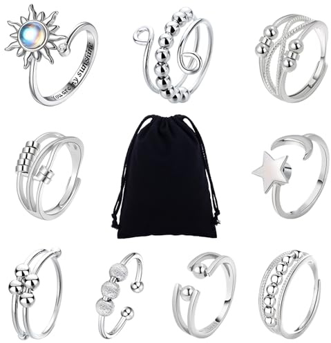 MLPKOI 9 Stück Fidget Ring Mädchen, Anxiety Ring Spinner Ringe Damen Fidget Rings Set, Einstellbar Offen Spinner, Verstellbar Anti Stress Rings