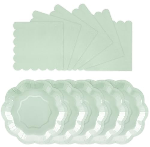 Houuqe 100 PCS Sage Green Paper Plates and Napkins Set, Tableware Set Include 7 inch Scalloped Sage Green Paper Plates and Napkins Serves 50 for Baby Shower, Wedding, Garden Parties & Outdoor Event