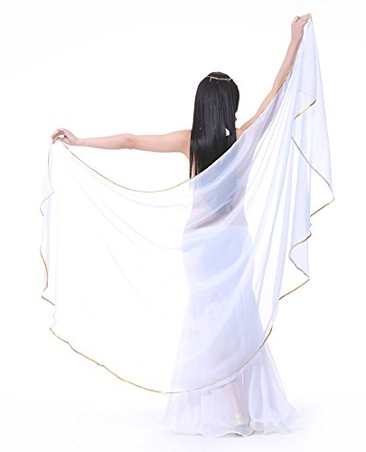 SHOWYOU Leichter halbrunder Chiffon-Handschal, Bauchtanz-Kostüm, Outfit, Hüftschal, Paillettenbesatz, Schal, Schleier, Weiss/opulenter Garten, 98.43 x 47.24 inch