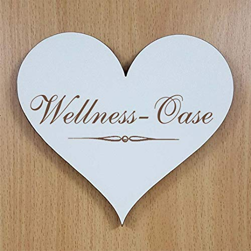 Shabbyschild Holzschild Schild Herz WELLNESS OASE 13 x 12 cm Hinweisschild Schriftzug selbstklebend Türschild Dekoschild Zimmerschild