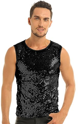 FEESHOW Herren Tank Top Glitzer Ärmelloses Glänzend Pailletten Shirt Unterhemd Sommer Disco Show Party Clubwear Schwarz Paillette XL