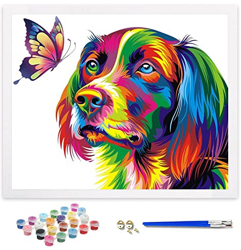 ifymei Peinture par Numero pour Enfant et Adulte, Loisirs Créatifs Activité Manuelle, Peinture Acrylique Kit de Dessin pour Filles et Garçons, Sans Cadre 40 x 50 cm - Animaux - Chiens et Papillons