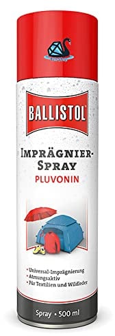 Eva Shop® Ballistol Pluvonin Premium Imprägnierspray 500 ml mit Nano Technik die Imprägnierung für Zelt, Sonnenschirm, Regenschirm, Regen- und Sportbekleidung, Schuhe, Rucksack inkl. Aufkleber