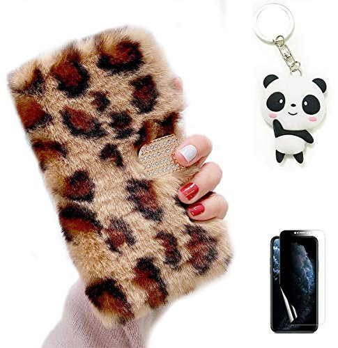 Artfeel Plüsch Hülle für iPhone 7/iPhone 8,Niedlich Weich Pelzig Flauschige Winter Warm Leder Brieftasche Stand Handyhülle Glitzer Diamant Magnetisch Flip Kartenhalter Hülle,Leopard Braun