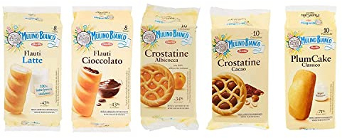 TESTPAKET Mulino Bianco abgepackte Snacks Crostatina Kakao und Aprikose - Flauti Schokolade und Milch- Plum Cake mit Joghurt 5 Stücke