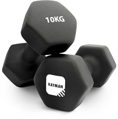 KAYMAN Neoprene Dumbbell Pair with Anti-Slip Grip, Hex Edges, Water-Resistant Surface & Free Workout Poster Guide - Weight Set for Home, Gym & Fitness Training Equipment - Unisex (10kg - Black)