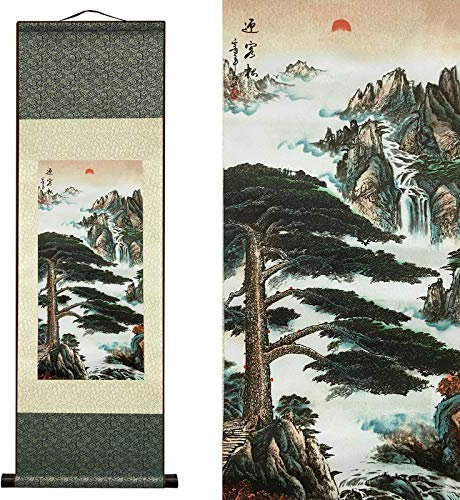 Seidenmalerei Asiatisch Wand Rollbild aus Seide Dekoration Wasserfall Fluss Landschaft Gemälde - Gastgrußkiefe Schön Chinesische Kunstwandrolle Hängende Bildrolle Orientalisches Dekor(92 x 30 cm)