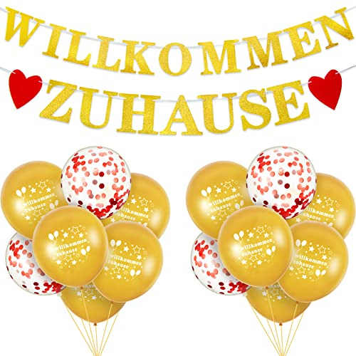 Willkommen Zuhause Deko Willkommen Zuhause Banner Girlande Set mit 14 Stück Luftballons und Rotem Band für Hochzeit Festival Familie Einweihung Party Dekoration Geburtstag (Gold, Rot)