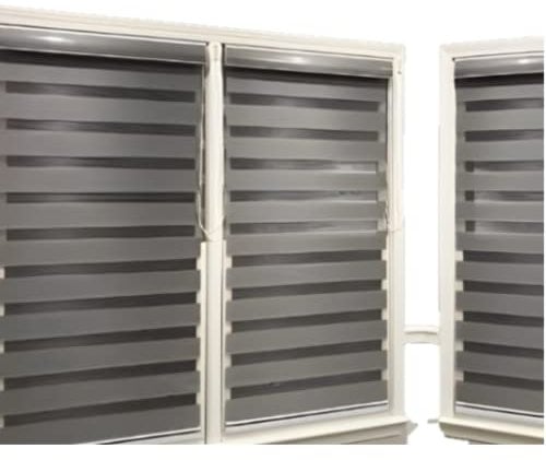 Funky Gadgets Day and Night Roller Blinds Dual Layer Fabric Zebra Blind Translucent or Blackout Vision Roller Shades No Drill Blinds Curtains for Windows and Doors Grey, 174W x 165H cm