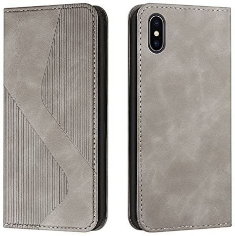 Mo-Somnus Kompatibel mit iPhone XS Max Hülle, Magnet PU Leder Flip Wallet Case Tasche Handyhülle, Stoßfeste Klappbar iPhone XS Max (6,5 Zoll) Brieftasche Klapphülle mit [Kartenfächer] (Grau)
