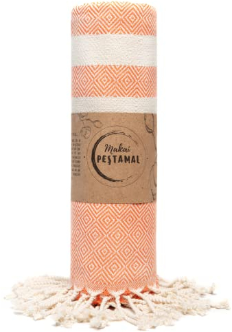 Makai Hamamtuch 100% Baumwolle extrem saugfähig Pestemal Handtuch XXL 95x200cm Strandtuch Saunatuch Fouta Kuscheldecke Badetuch Picknickdecke Yogatuch Duschtuch (Pfirsichorange, Baumwolle)