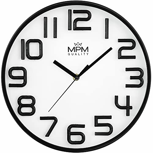 MPM Quality Neotric Design Kunstoff Wanduhr, 3D arabische Ziffern, Weiß/Schwarz, Quarz-Uhrwerk Sweep, modern, Analog Wand Uhr, Wanddeko, Dekoration Wohnzimmer, Küche, Büro, Schlafzimmer, ∅ 300x42 mm