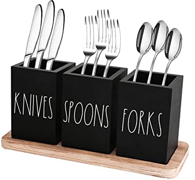 CHONIC Farmhouse Silverware Holder, Rustic Wood Silverware Caddy with Tray, Spoon Fork Knives Flatware Dispenser, Utensil Countertop Organizer, Plastic Cutlery Holder for Kitchen Party (Black)