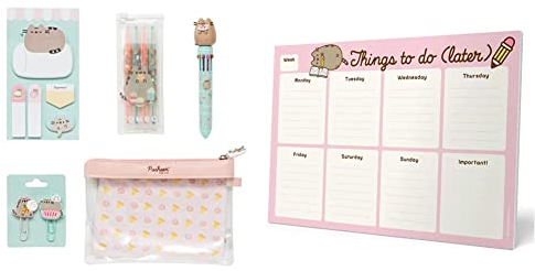 Grupo Erik Schreibwaren Set Pusheen Foodie - Kugelschreiber 10 farben - Groß & Wochenplaner Tischkalender Block - Kalender Planer Pusheen Rose Collection - Tischplaner A4 ohne festes Datum