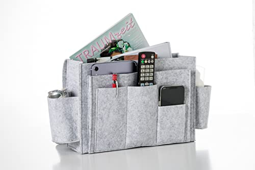 hausleben Bettasche (Hellgrau) | Sofa und Bett Organizer aus dickem Filz | Anti-Rutsch Aufbewahrungstasche | Nachttisch Tasche | Hängeaufbewahrung für Handy, iPad, Brille, Buch