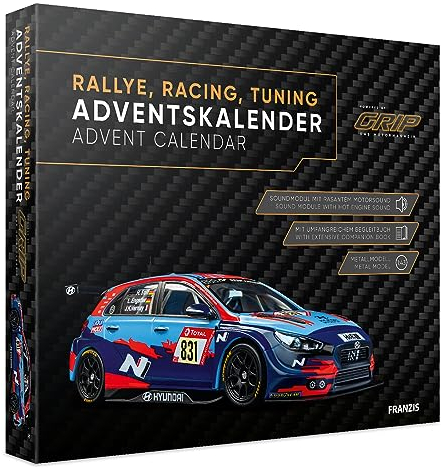 FRANZIS 67192 Advent Calendar Rally, Racing, Tuning, Powered by Grip, Model Kit of a Racing Vehicle in Scale 1:43