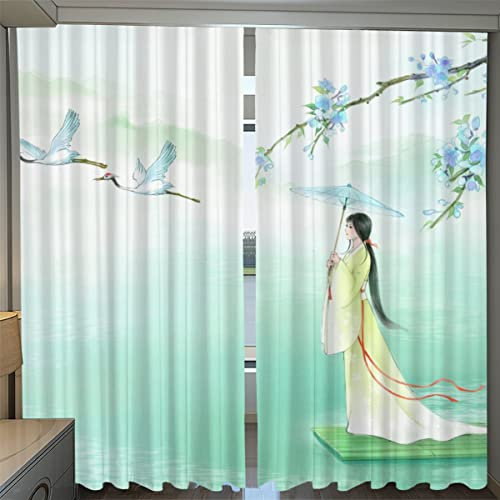 MOKURI Rideaux Style Chinois Dessiné à La Main, 183 x 214 cm, Occultants, Polyester, Salle de Séjour, Chambre, Chambre d'Enfant, 2 Panels, Color32