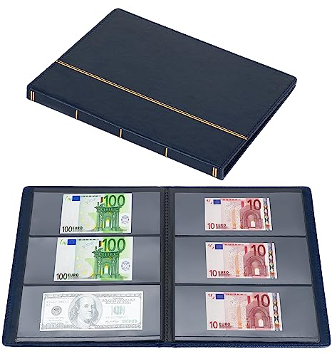 Fippy 60 Stück banknoten Album geldschein Album, Leder Papiergeld Sammelalbum Aufbewahrung Album für Banknoten Rechnungsstempel Aufbewahrung Display (Blau)