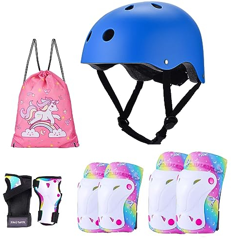 YUDOXN Knieschoner Kinder 7 in 1 Set mit Skaterhelm. Knieschoner Ellenbogenschoner Inliner Kinder mit Verstellbaren Helm Protektoren Skateboard Helm Set Fahrrad Schützer Sport (Blue, S)