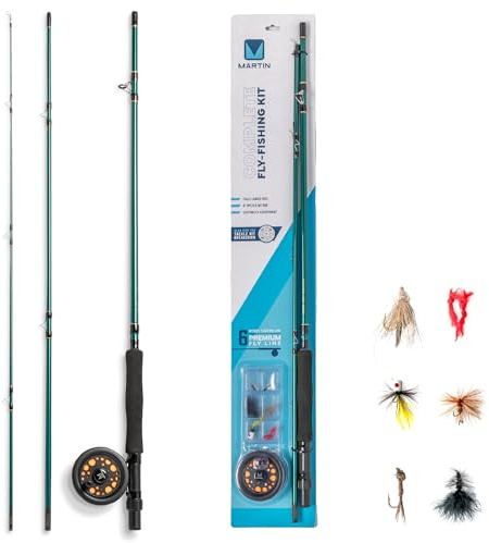 Martin Complete Fly Fishing Rod and Reel Combo Kit, 5/6-Weight 8-Foot 3-Piece Moderate Action Fiberglass Rod, Single Action Rim Control Reel, 6-Weight Line, 6-Piece Fly Assortment, Brown/Green
