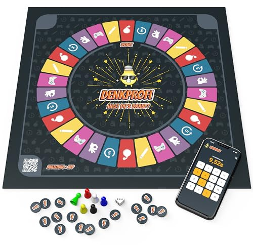 Denkprofi – Das Brettspiel mit App, interaktives Quiz-, Wissens- und Familienspiel, Gesellschaftsspiel für 3-6 Personen - Partyspiel mit Minispielen