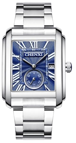 JewelryWe Uhren Herren Edelstahl Herrenuhr: 30 Wasserdicht Datum Kalender Analog Quarz Armbanduhr Männer Edelstahl Armband Uhr mit Blau Rechteckigem Römischen Ziffern Zifferblatt