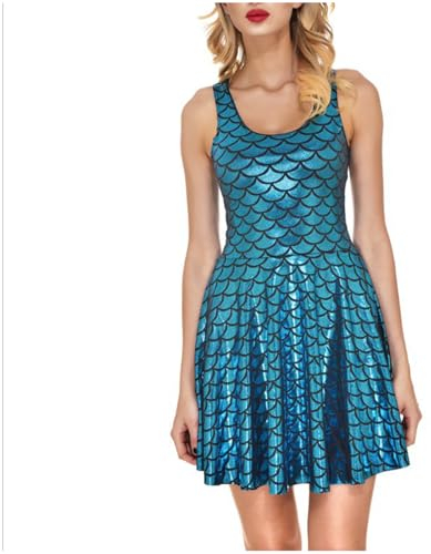 Fishscale Kleid, Damen Rock Plissee Print Meerjungfrau Skalen Rock Mädchen Rock, Hellblau 4XL