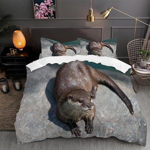 Pechiwuo Bettwäsche 155x200 cm Tier Bettwäsche-Set Winter Bettbezug Weiche Mikrofaser Bettzeug Set 3D Otter Kinderbettbezug 155x200 cm + 2 Kissenbezug 80x80 cm J563