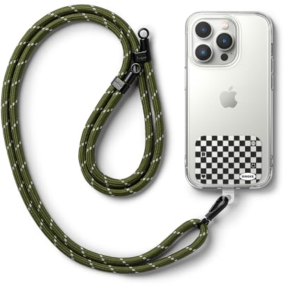 Ringke Holder Link Strap Checkerboard Black [Kordel mit TPU Design-Tag] Crossbody Handykette Universal zum Umhängen Kompatibel mit Universeller Handyhülle - Khaki & White
