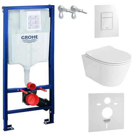 LAVITA Vorwandelement Solido + Wand Hänge WC Praia Weiß Spülrandlos + WC Sitz mit Absenkautomatik Glänzend Weiß Knopf Komplettset Unterputz Spülkasten Toilette Komplett Sett WC