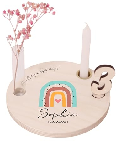 LAUBLUST Personalisierter Geburtstagsteller aus Holz mit Kerzenhalter, Vase & Zahlen - Geburtstagsdeko mit Namen - Regenbogen Motiv | Ø 16.5cm, Natur - Geburtstagstisch - 1. Geburtstag Kinder Geschenk