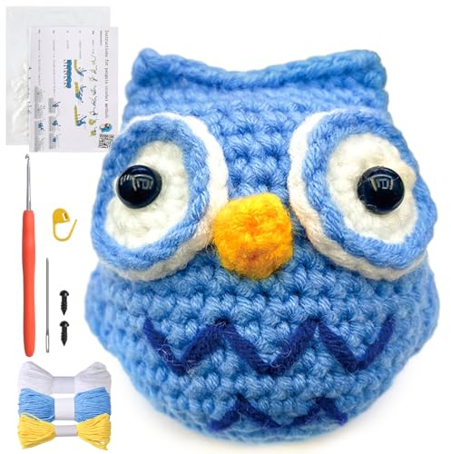 MJARTORIA Strickset Häkelset für Anfänger Tiere, Häckeln Stricken für Anfänger Set mit Anleitung Häkelnadeln Garn, Kreativ Strickset Bastelset Erwachsene Kinder Geschenk(Blau Eulen)