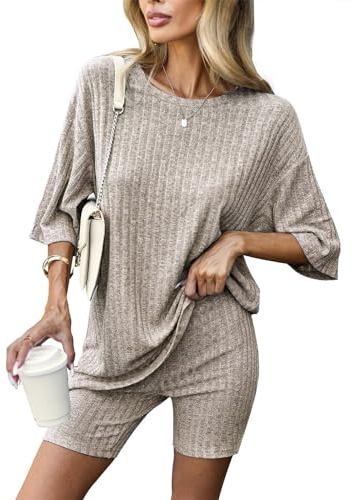 Zetieny Damen Tracksuit Kurzarm Rundhalsausschnitt Einfarbig Zweiteiler Hausanzug Loungewear Outfit Jogger Trainingsanzug Set