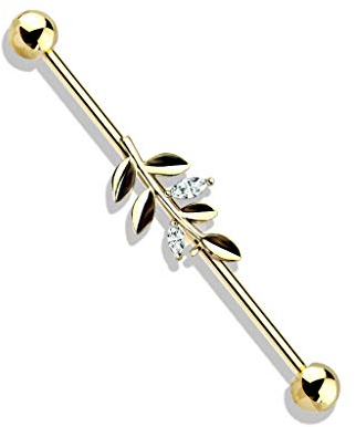 beyoutifulthings Industrial-Piercing Gold Blätter Zirkonia Clear Industrial-Barbell Industrial-Bar Chirurgenstahl Stab-länge 38-mm