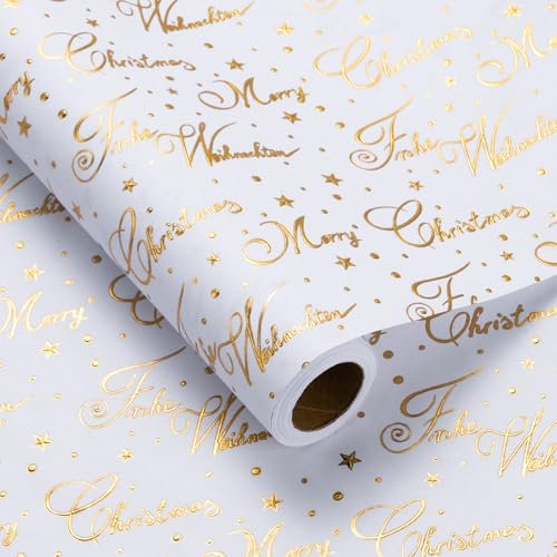 LeZakaa 3D-Geschenkpapier für Weihnachten, geprägt, Stern- und Punktemuster mit goldenem Text Merry Christmas und Frohe Weihnachten, für Feiertage und Partys, 43,2 cm x 4,2 m