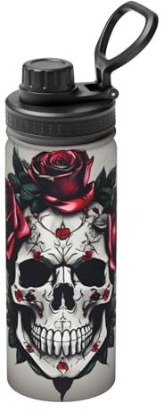 Yqxwjl Red Rose Skull Water Bottle Stainless Steel Water Bottle 470 ml Sports Water Bottle for Men and Women