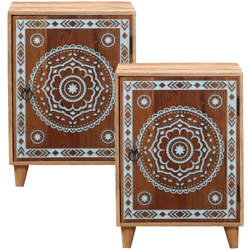 Marrakesch Boho 2er Set Nachttisch Beistelltisch aus Massivholz 70cm hoch | Kleine Kommode für Schlafzimmer oder Kinderzimmer als Orientalische Möbel | Skandinavische Deko Nachttische klein Binar