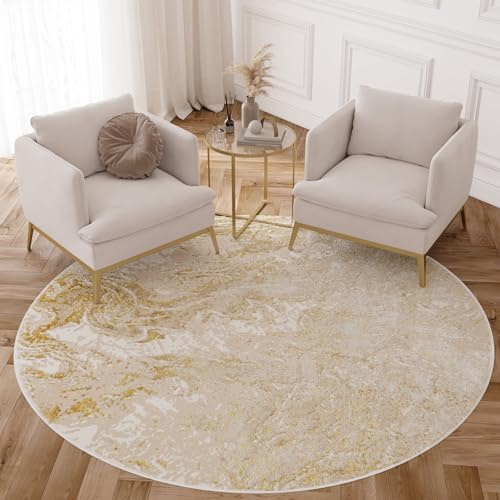 TAPISO Crystal Rund Teppich Kurzflor Glänzend Beige Gold 200 x 200 cm | Marmoreffekt 3D Effekt Wohnzimmer Schlafzimmer Modern Design OEKO-TEX