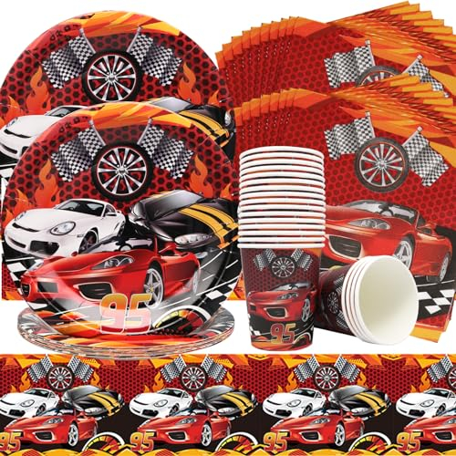 Vaisselle pour Voiture de Course,61 pcs Race Car Birthday Party Décorations Vaisselle de Fête d'anniversaire,Comprend Assiettes,Gobelets,Serviettes de Table,Nappes pour décorations de fête de Voiture