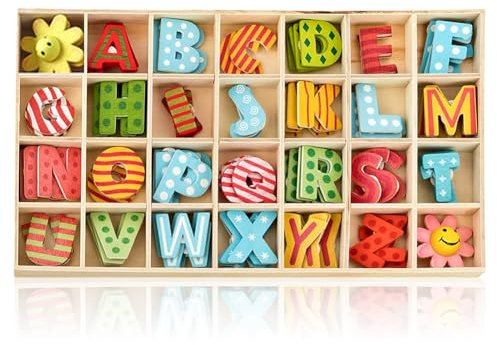 108 PCS Juego Letras De Madera De Alfabeto,Colorido Juego De Letras De Madera - con Bandeja de Almacenamiento, Ortografía Para Niños, para Exhibiciones para Fiestas de Bricolaje y Aprendizaje de Niños