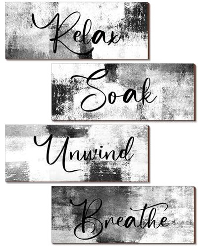 Maitys Badezimmer-Wanddekoration, 25,4 x 10,2 cm, zeitgenössische Holz-Bilder für Wand, einweichen, entspannen, Wandschild, Spa, rustikales Vintage-Bauernhaus, Wandgiebel (schwarz und weiß), 4 Stück