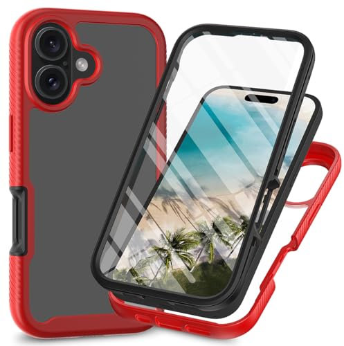Knoowcase for iPhone 16 Case Built-in Screen Protector iPhone 16 Phone Case Shockproof Full Body Protection Rubber Bumper Stylish Clear Rugged Back Shell Cover,Red