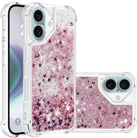 COTDINFOR Coque pour iPhone 16 Bling Liquide Étui Silicone Amour Paillette Housse Floating Antichoc Transparent Bumper Cover pour iPhone 16 Love Rose Gold YBWTLS.