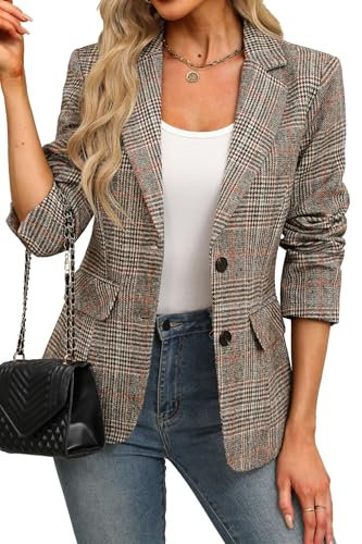ELLEVEN Women's Lapel Collar Plaid 2 Button Boyfriend Blazer Suit Houndstooth Work Office Blazer Jacket, A-brown Plaid, XL